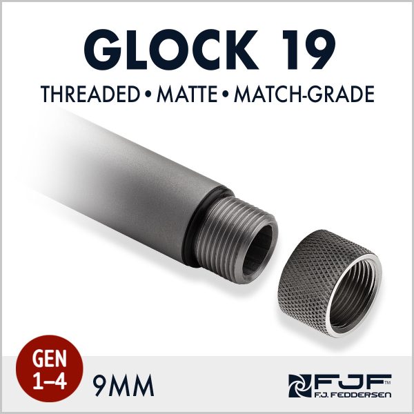 Detail of Glock 19 (Gen 1-4) Match-grade Threaded Pistol Barrels by F.J. Feddersen - Matte Finish