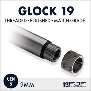 Detail of Glock 19 (Gen 5) Match-grade Threaded Pistol Barrels by F.J. Feddersen - Polished Finish
