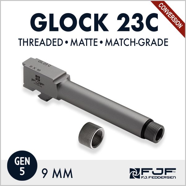 Detail of Glock 23 (Gen 5) Conversion from .40 cal to 9mm Match-grade Threaded Pistol Barrels by F.J. Feddersen - Matte Finish