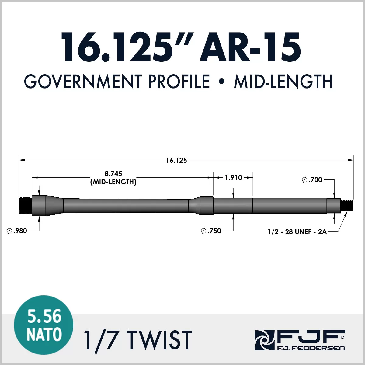 AR-15 Barrel by FJ Feddersen - Government Profile - 16.125" Mid-length